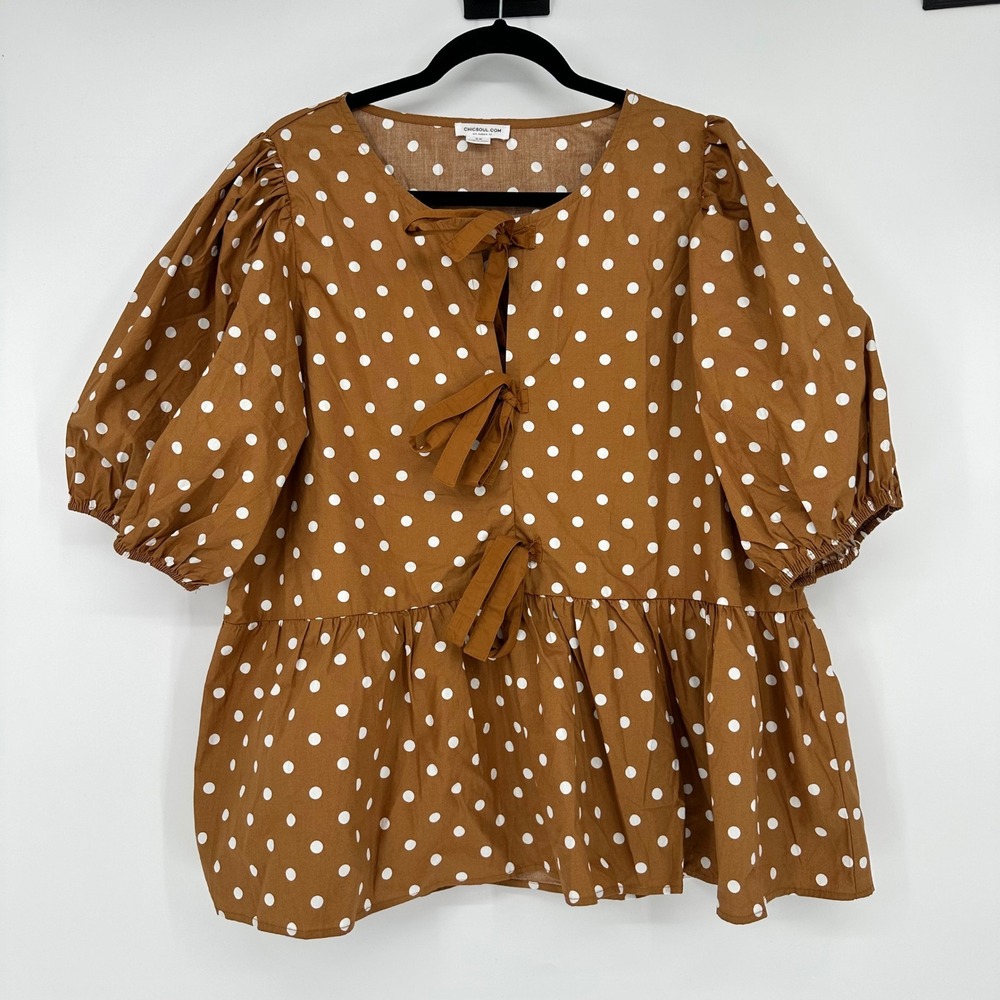 Chic Soul Brown Polka Dot Peplum Blouse Top Short Sleeve Going Out Casual 3X